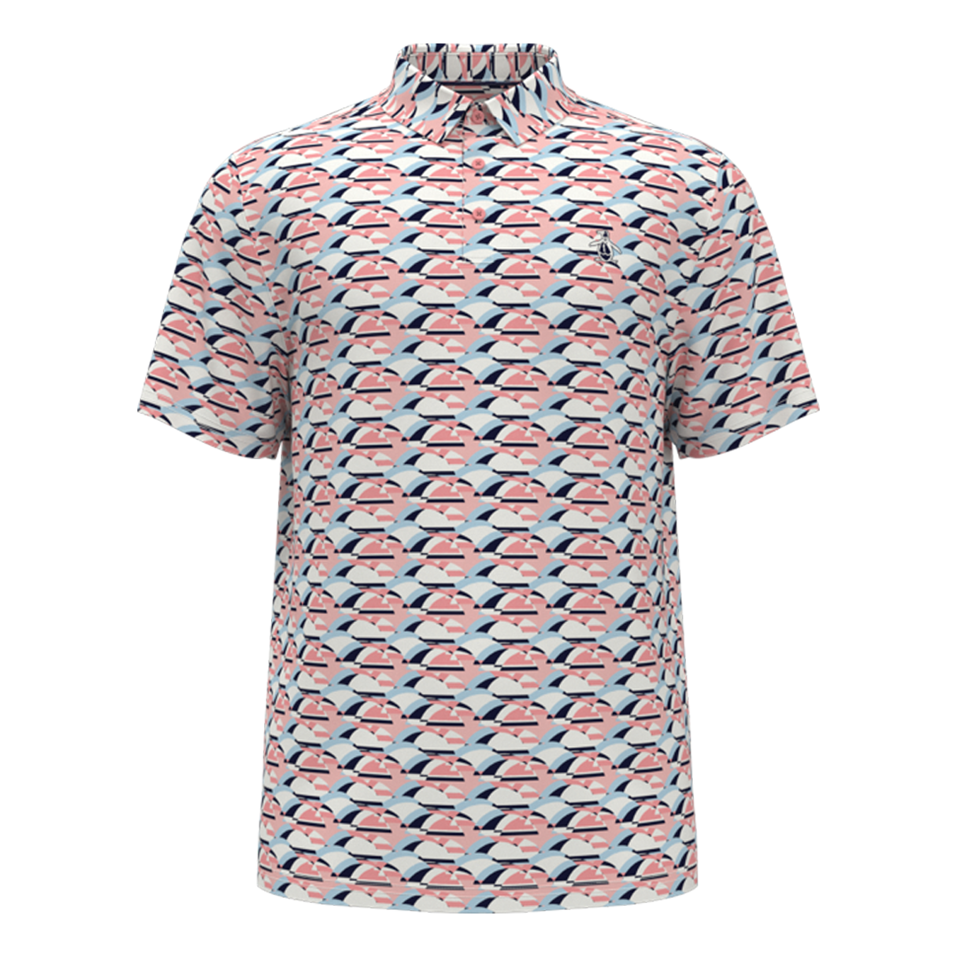 Short-sleeve shirt with blue and beige pattern on a white background
