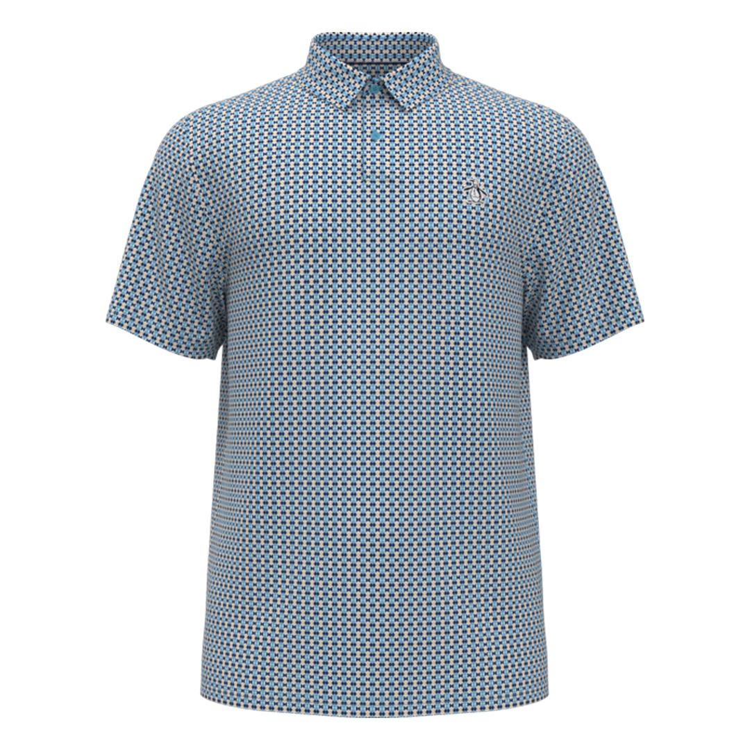 Blue patterned polo shirt on a white background