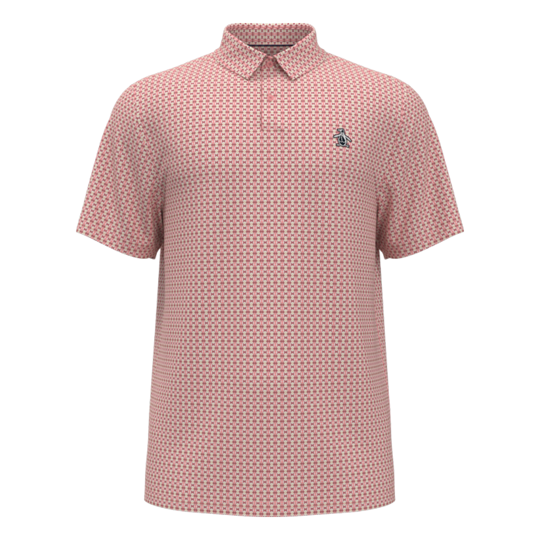 Red patterned polo shirt with a small logo on a white background