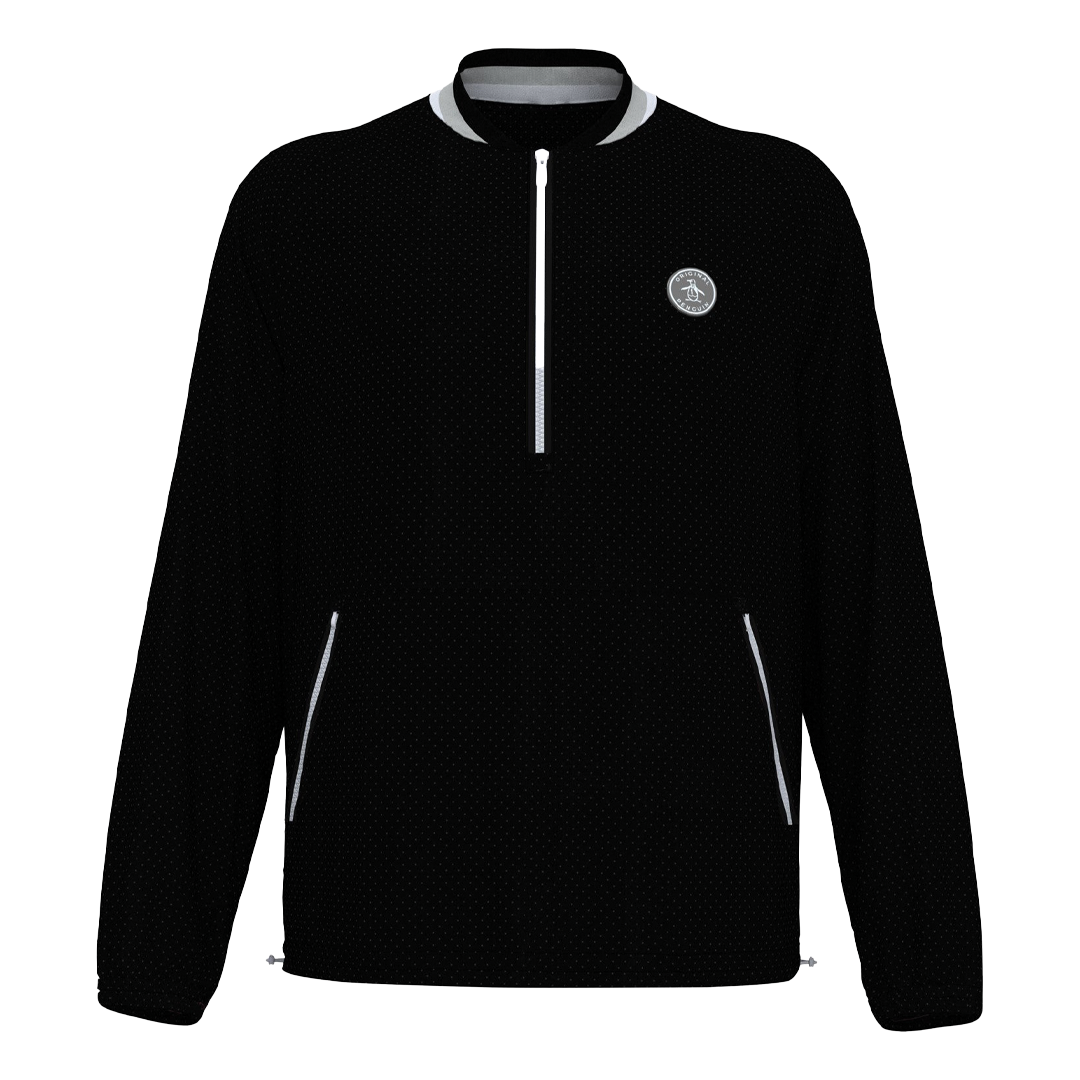 Black quarter-zip sweatshirt with a logo on a white background