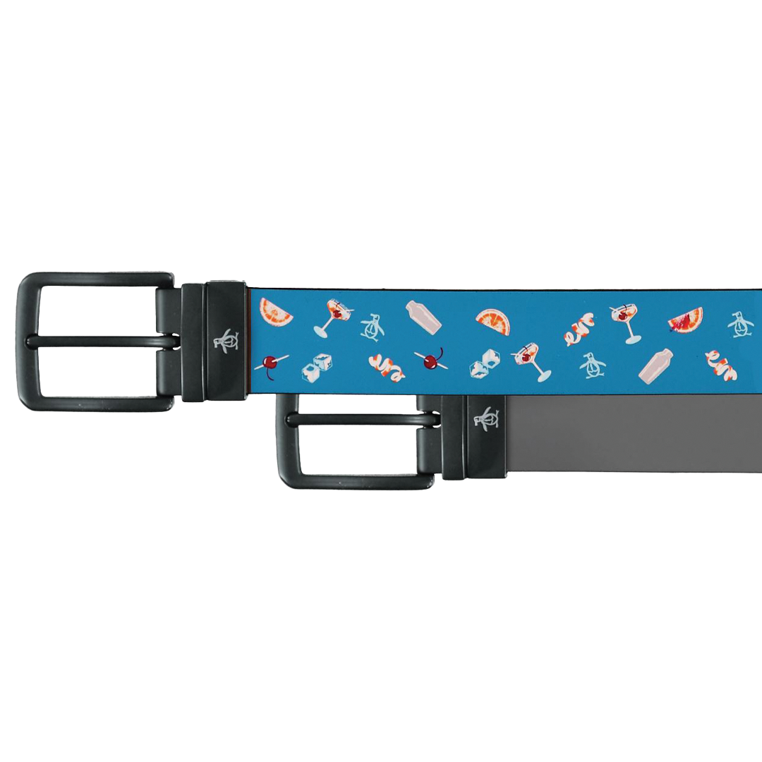 Belt with a blue patterned strap and black buckle on a white background