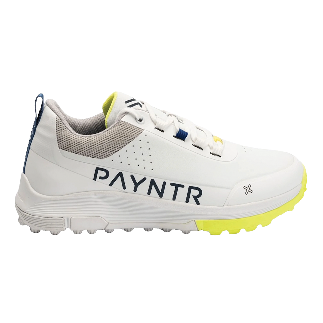 White sports shoe with yellow accents and 'PAYNTR' branding on a white background