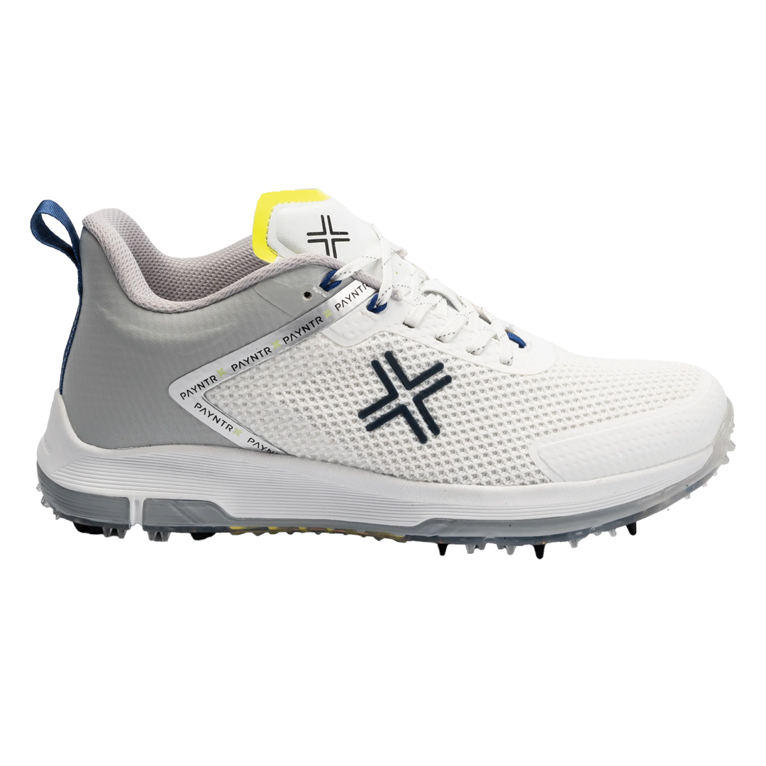 White and gray golf shoe with brand logo on a white background