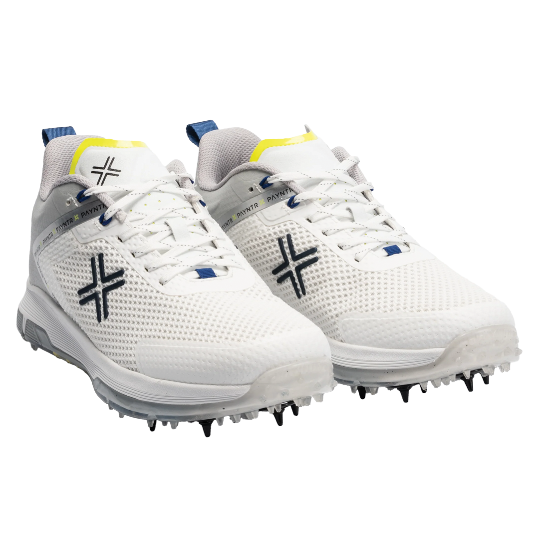 White golf shoes with blue and yellow accents on a white background