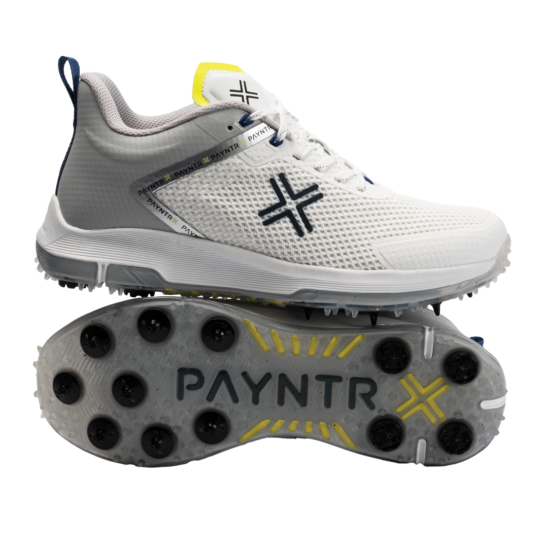 White and gray golf shoe with 'PAYNTR' branding on a white background