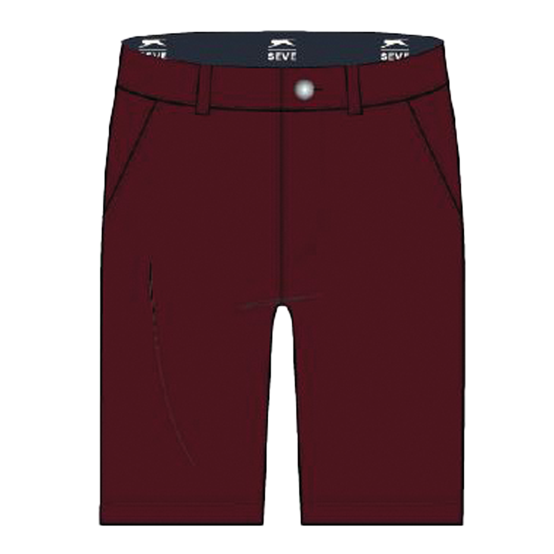 Maroon shorts with a brand logo on a white background