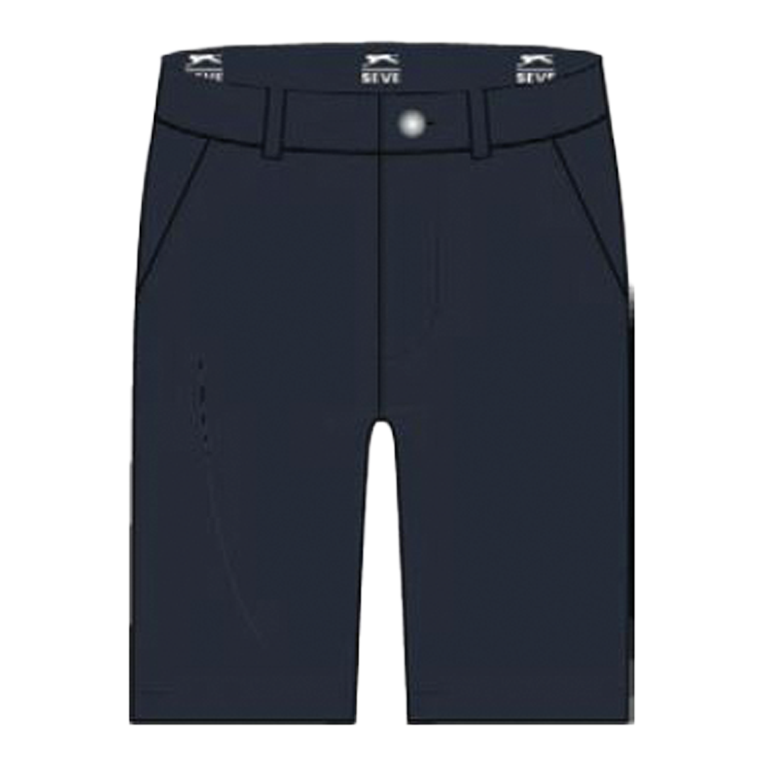 Navy blue riding pants with a brand logo on the waistband against a white background