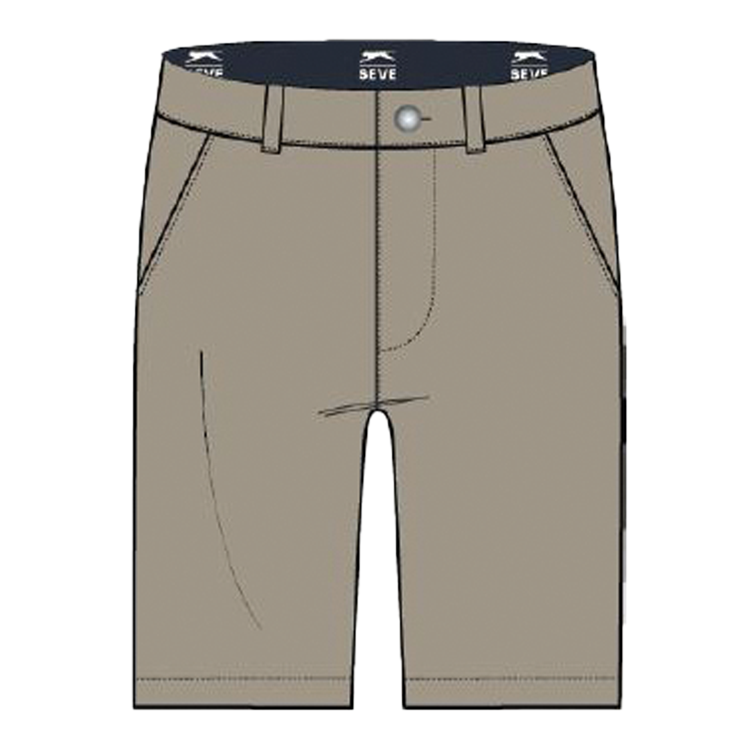 Beige pants with a black belt and &#39;SEVE&#39; branding on a white background