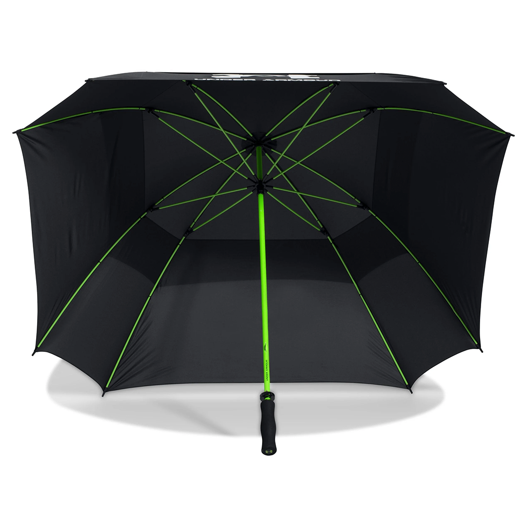 Black umbrella with green accents on a white background
