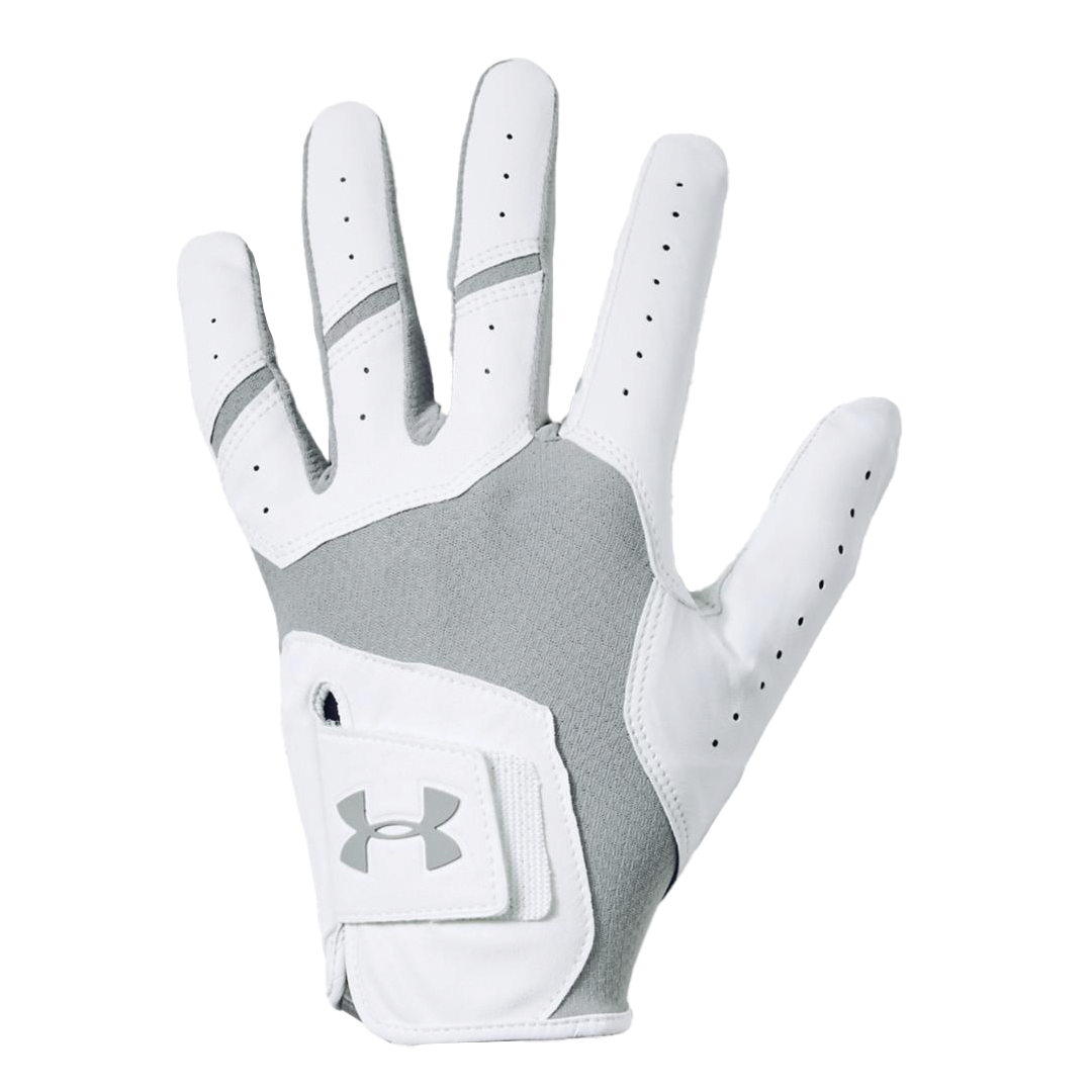 White and gray golf glove with Under Armour logo on a white background