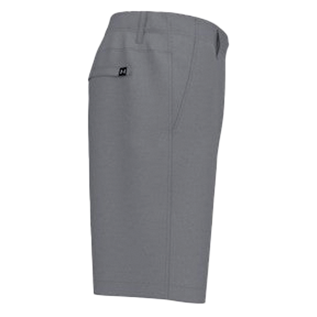 Gray shorts with a brand logo on a white background