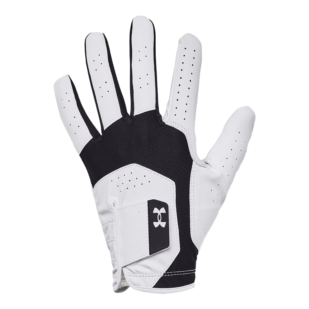 White golf glove with black accents on a white background