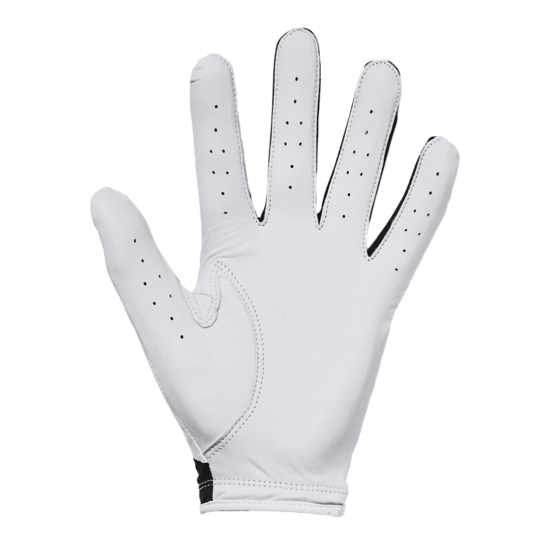 White golf glove with black accents on a white background