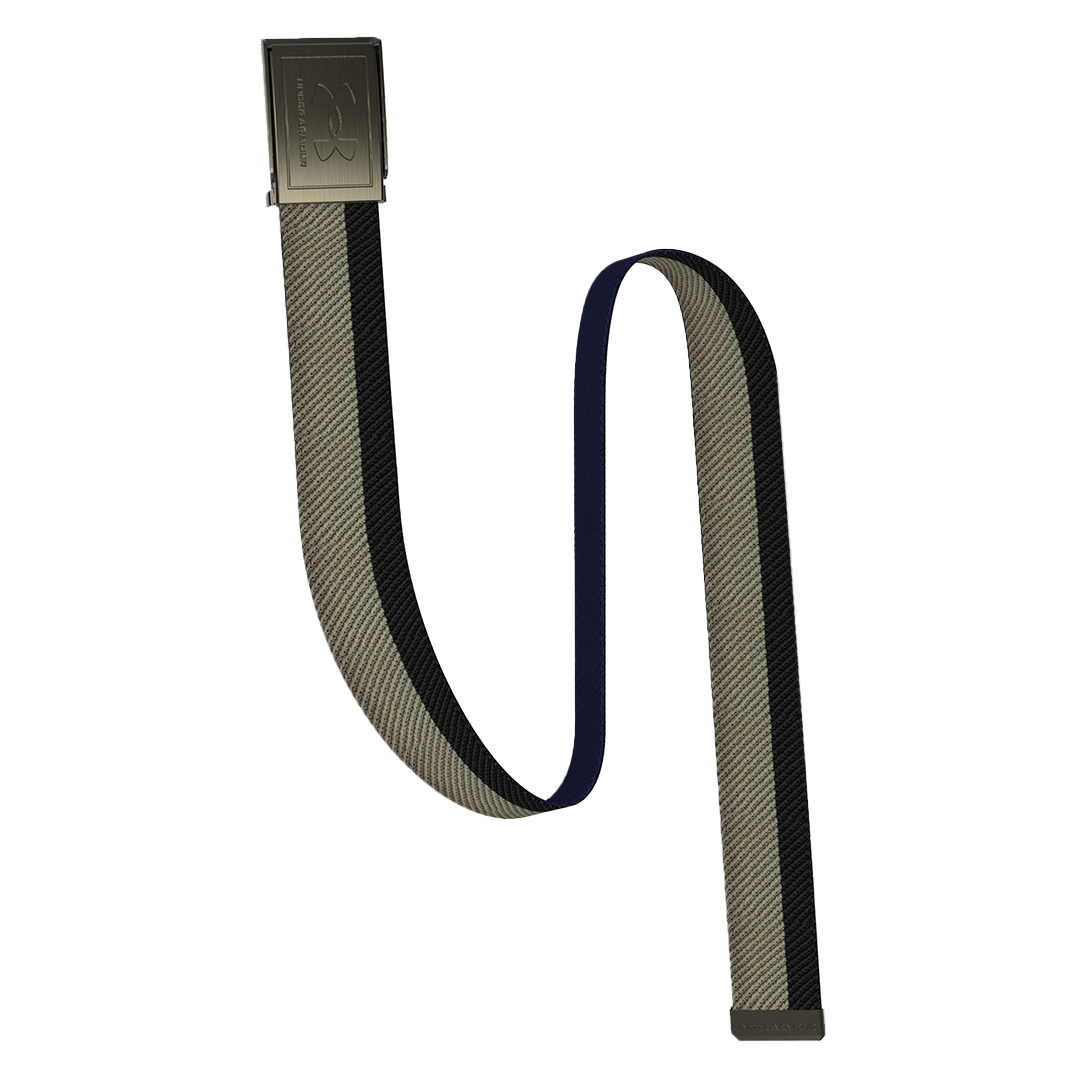 Woven belt with a silver buckle on a white background