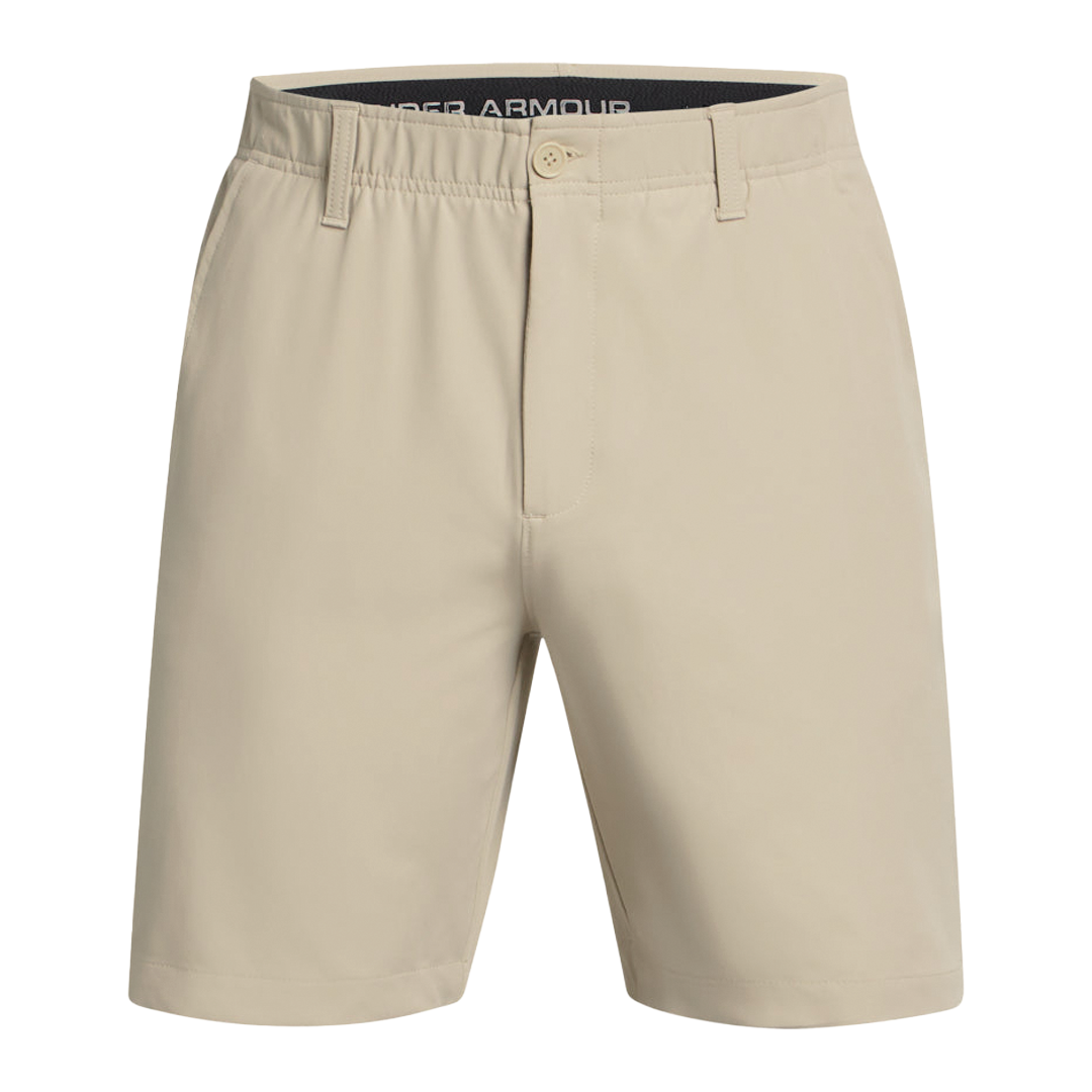 Beige shorts with Under Armour branding on a white background