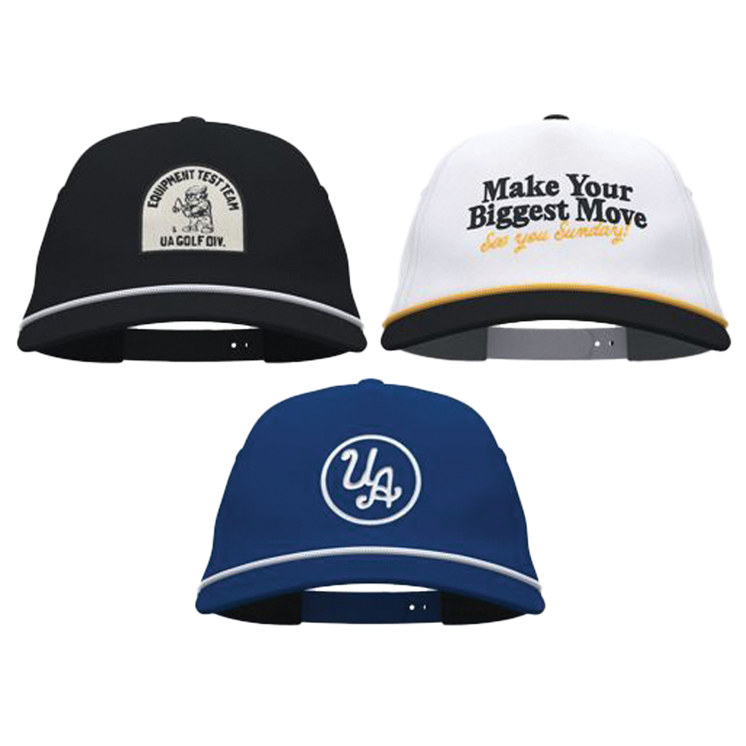 Three baseball caps with different designs and text on a white background