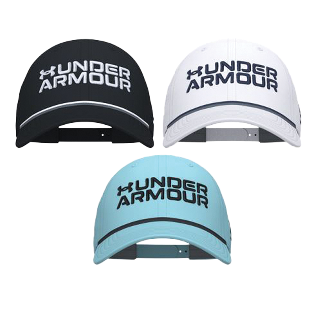 Three Under Armour caps in black, white, and light blue on a white background