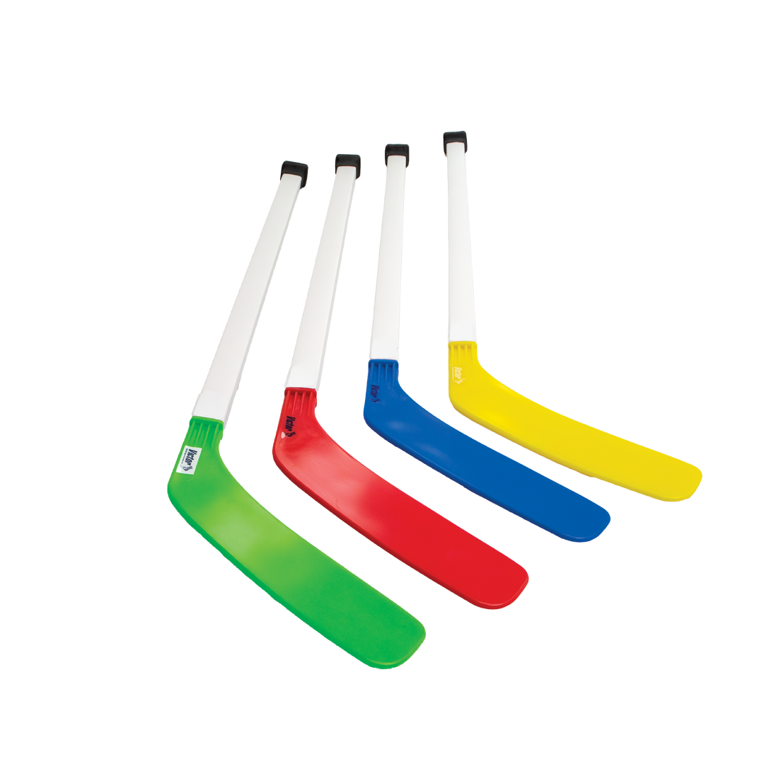 Set of four hockey sticks with colorful blades on a white background