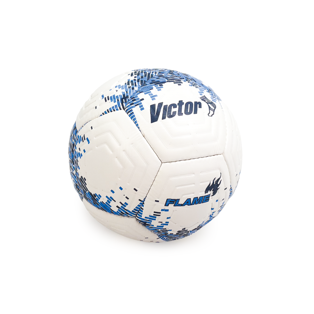 White soccer ball with blue patterns and 'Victor' branding on a white background