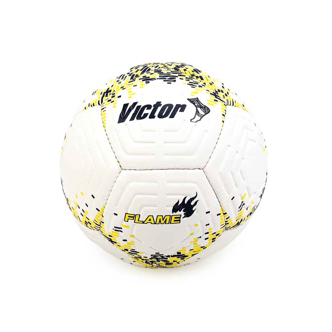 White soccer ball with yellow and black patterns and 'Victor' branding on a white background