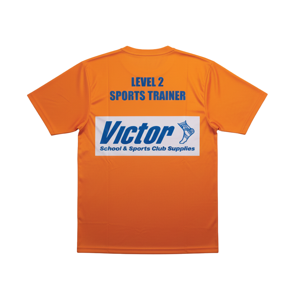 Orange t-shirt with 'Victor' logo on a white background