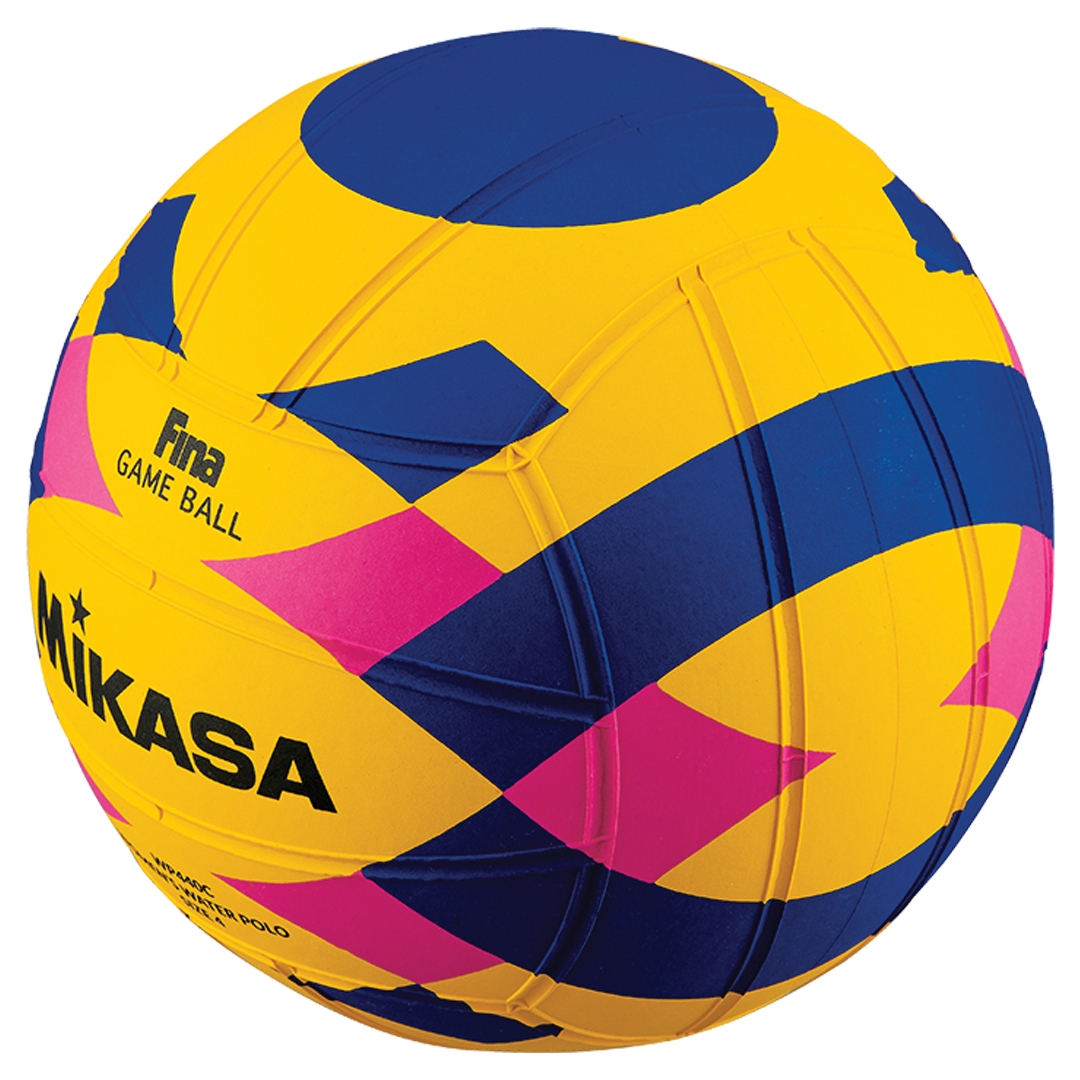Colorful water polo ball with Mikasa branding on a white background