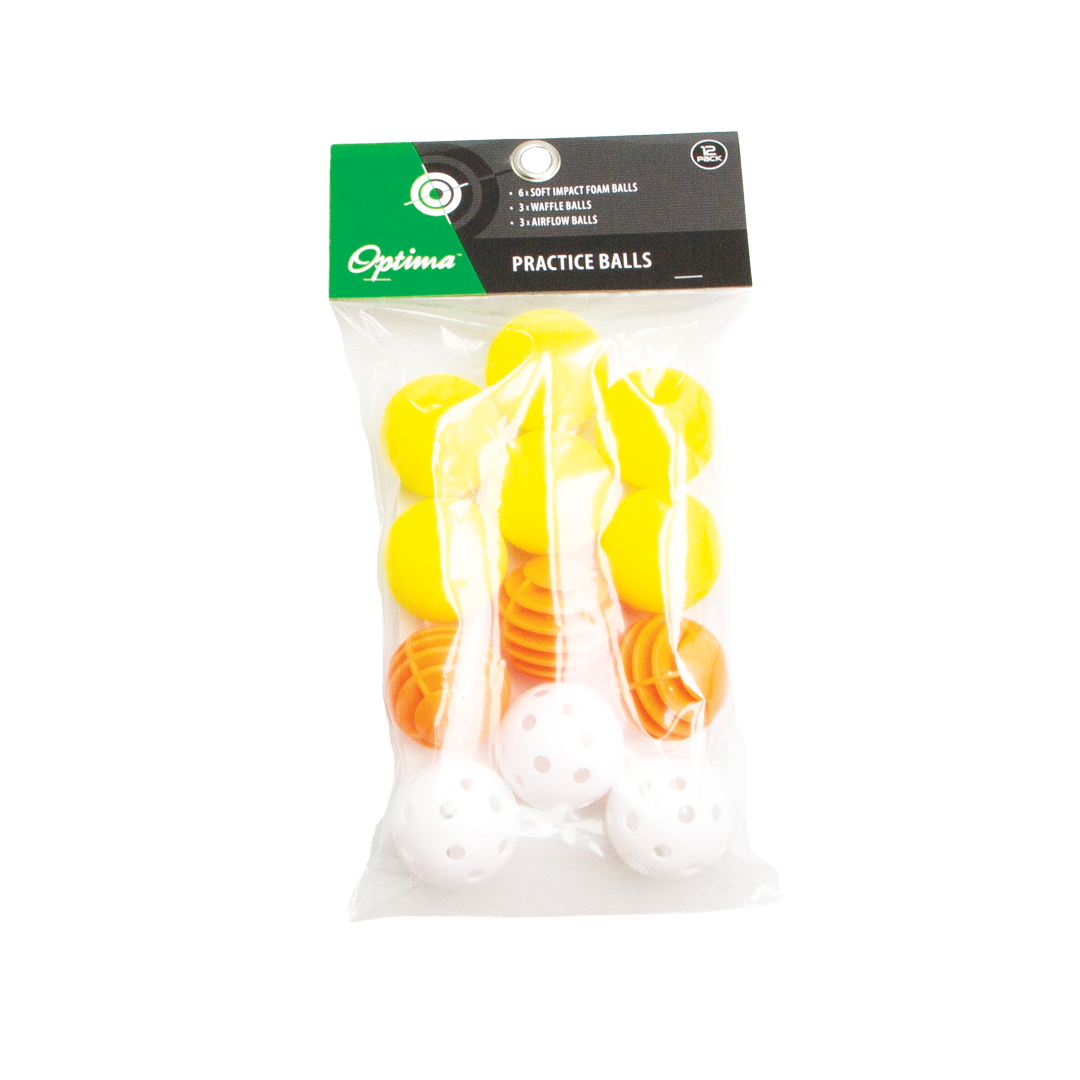 Packaged practice balls with Optima branding on a white background