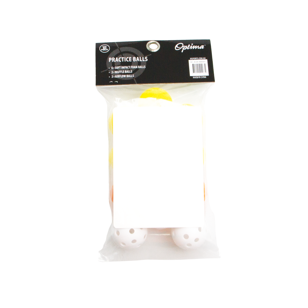 Packaged practice balls with Optima branding on a white background