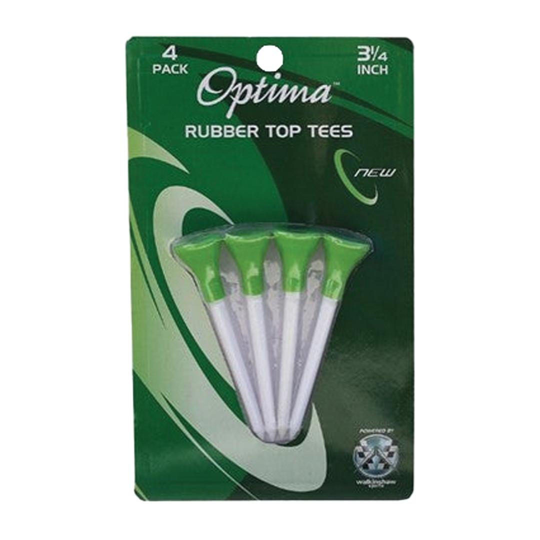 Pack of Optima rubber top tees with green and white design on a white background