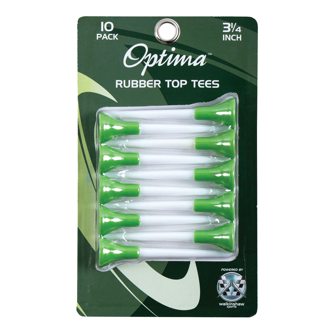 Pack of Optima rubber top golf tees with green and white design on a green background