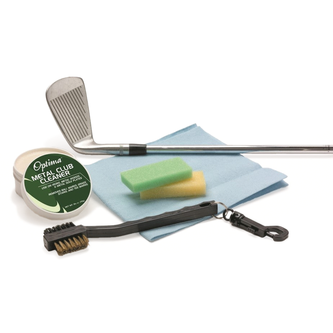 Golf club cleaning kit with club, sponges, brush, and cleaner on a white background