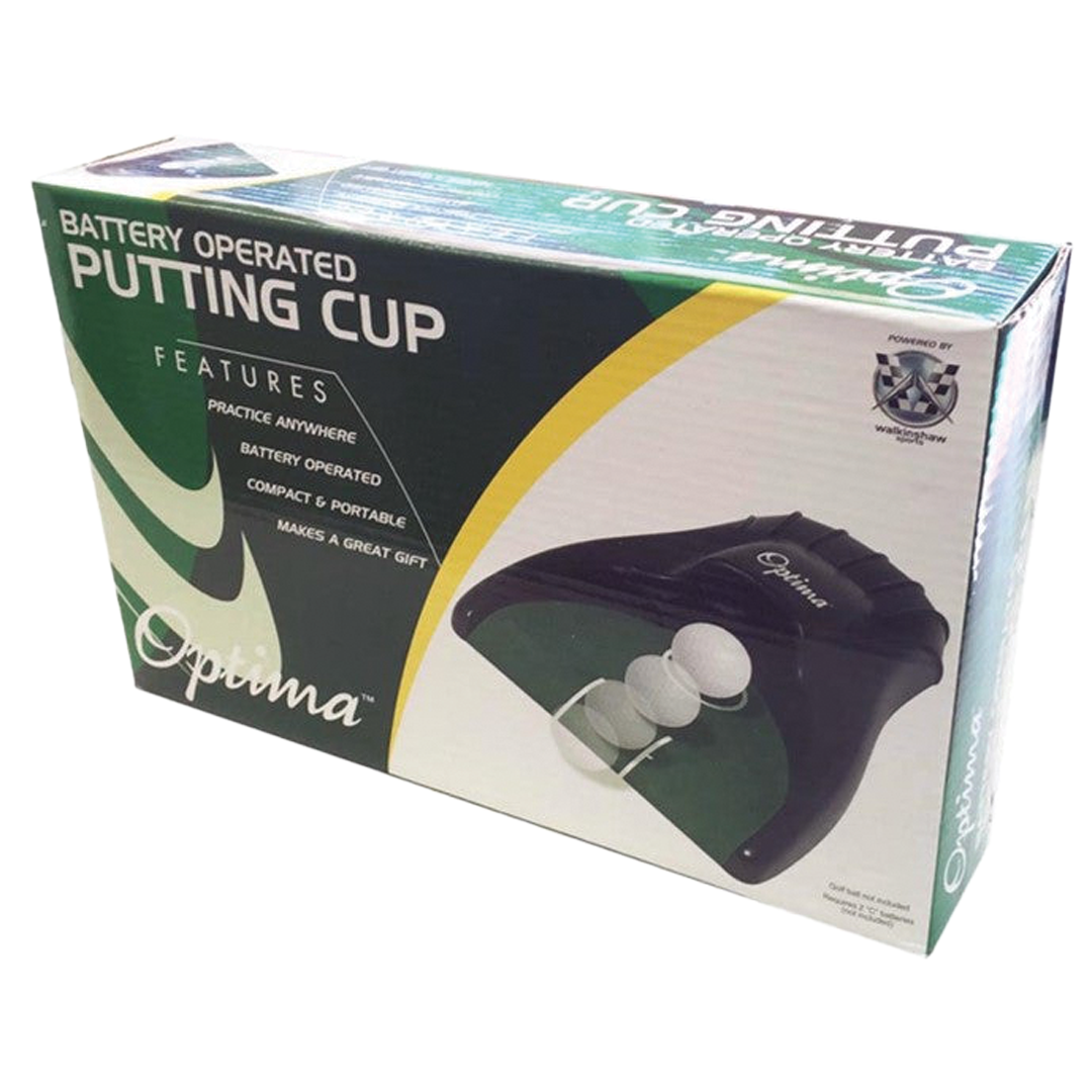 Box of a battery-operated putting cup with Optima branding on a white background