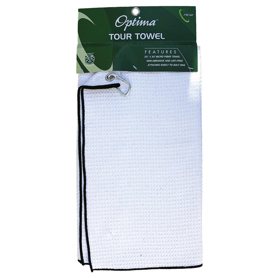 White golf towel with black trim and green Optima packaging on a white background