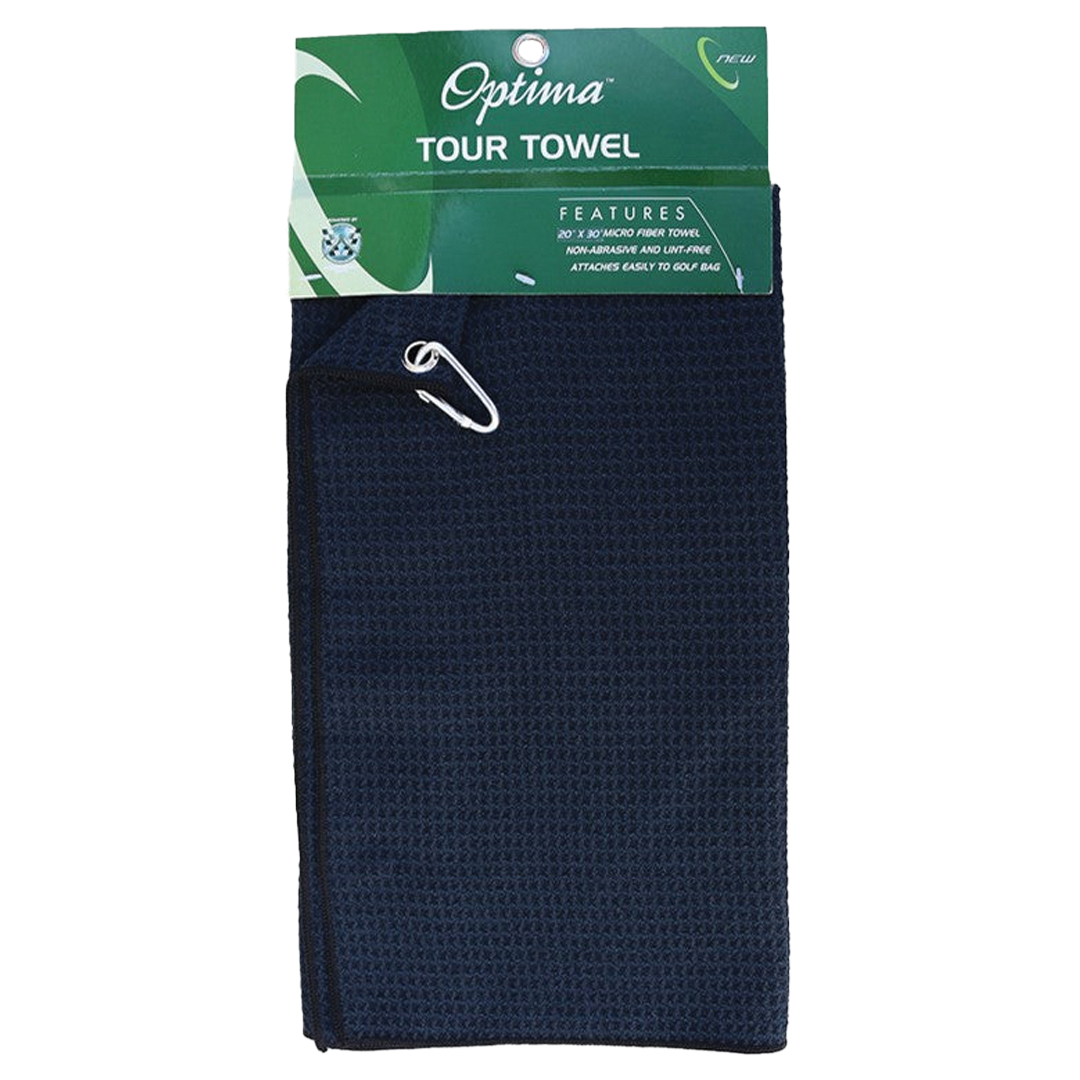 Navy blue golf towel with Optima branding on a white background