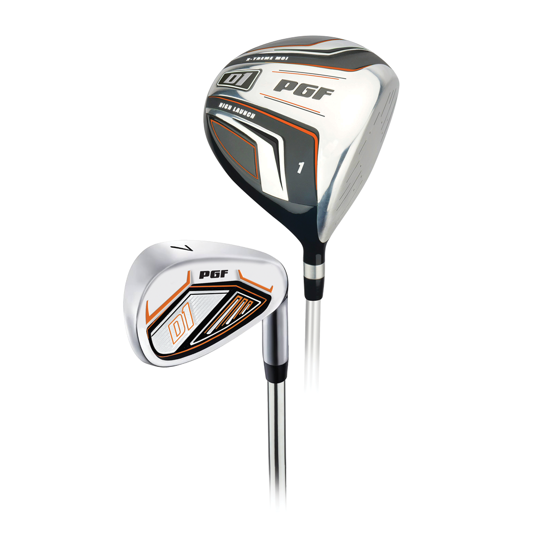 Two golf clubs with 'PGF' branding on a white background