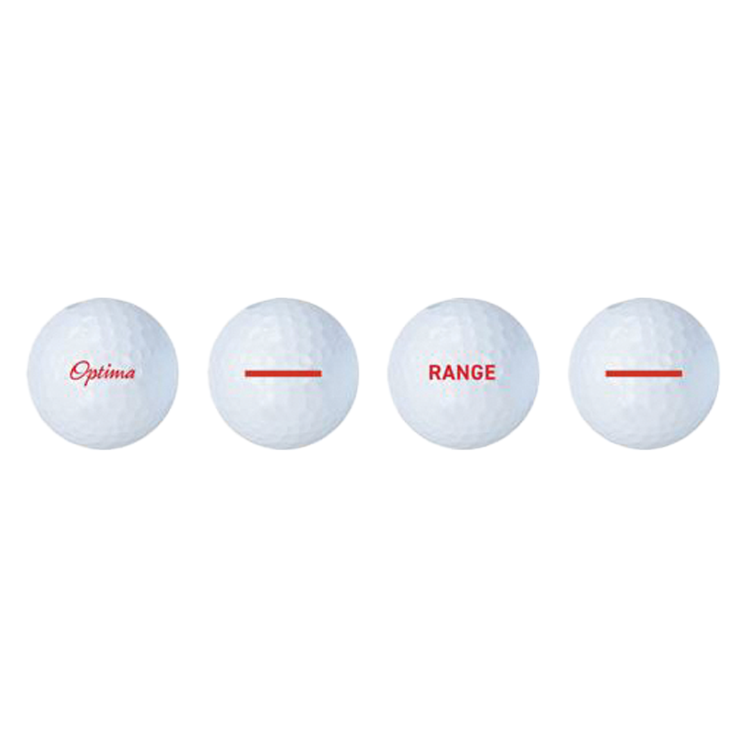 Four white golf balls with &#39;Optima&#39; and &#39;Range&#39; text on a white background