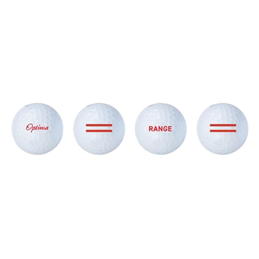 Four white golf balls with &#39;Optima&#39; and &#39;Range&#39; text on a white background