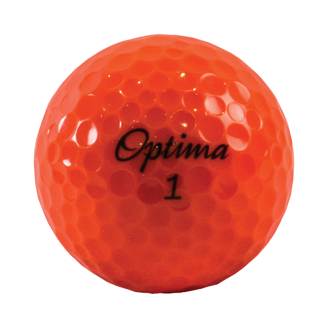 Orange golf ball with &#39;Optima&#39; branding on a white background
