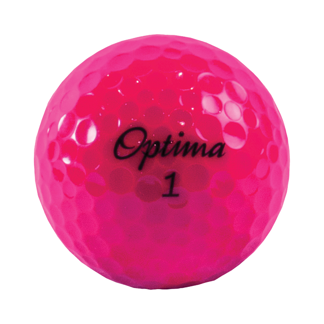 Pink golf ball with &#39;Optima&#39; branding on a white background