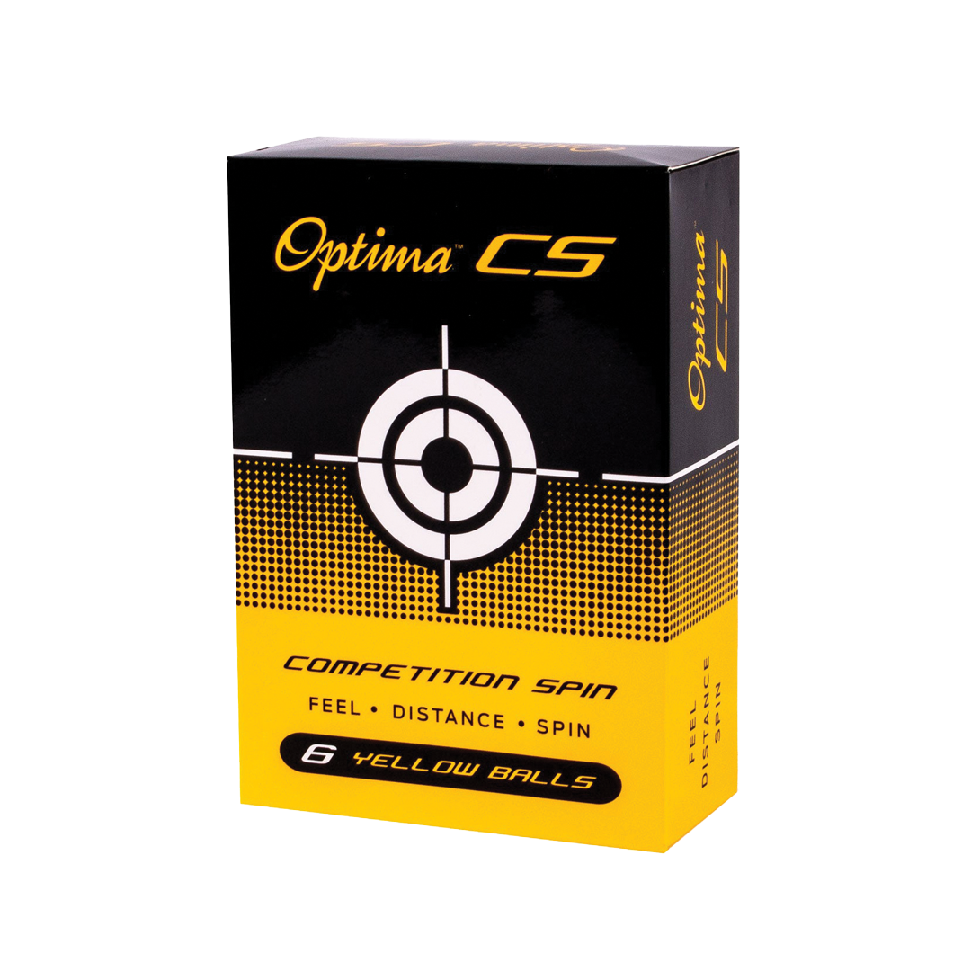 Box of Optima CS yellow golf balls on a white background