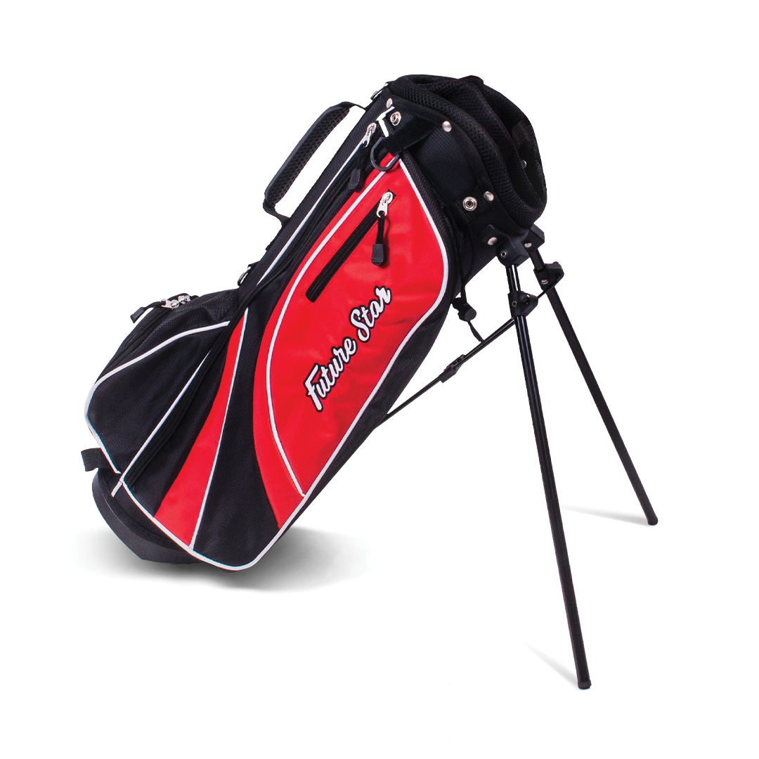 Red and black golf bag with 'Future Star' branding on a white background