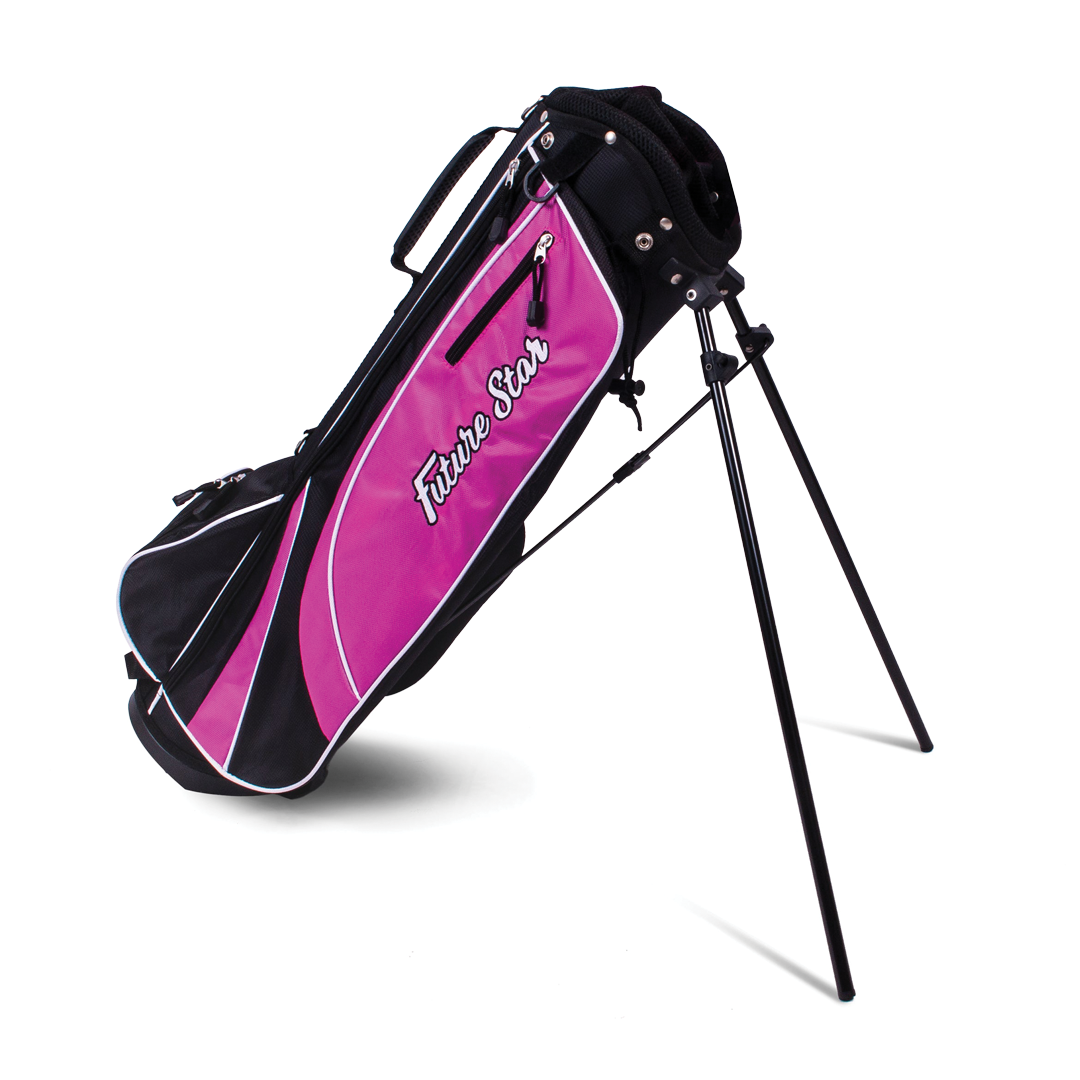 Pink and black golf bag with 'Future Star' branding on a white background