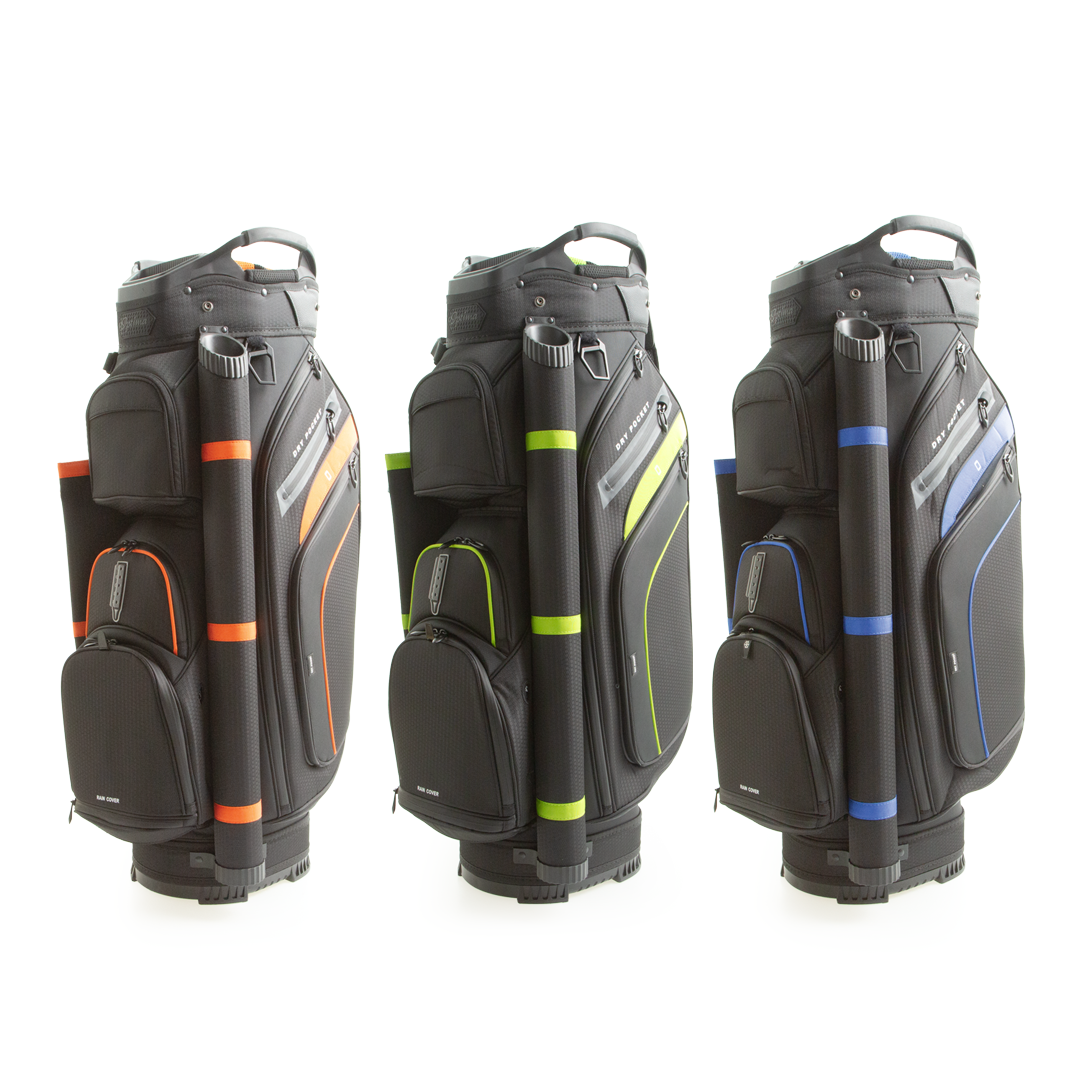 Three golf bags with different color schemes on a white background