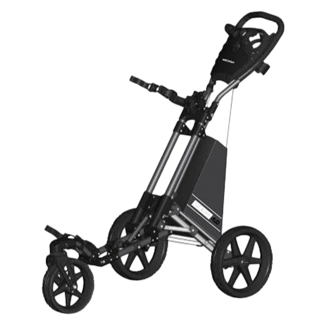 Black golf push cart on a white background