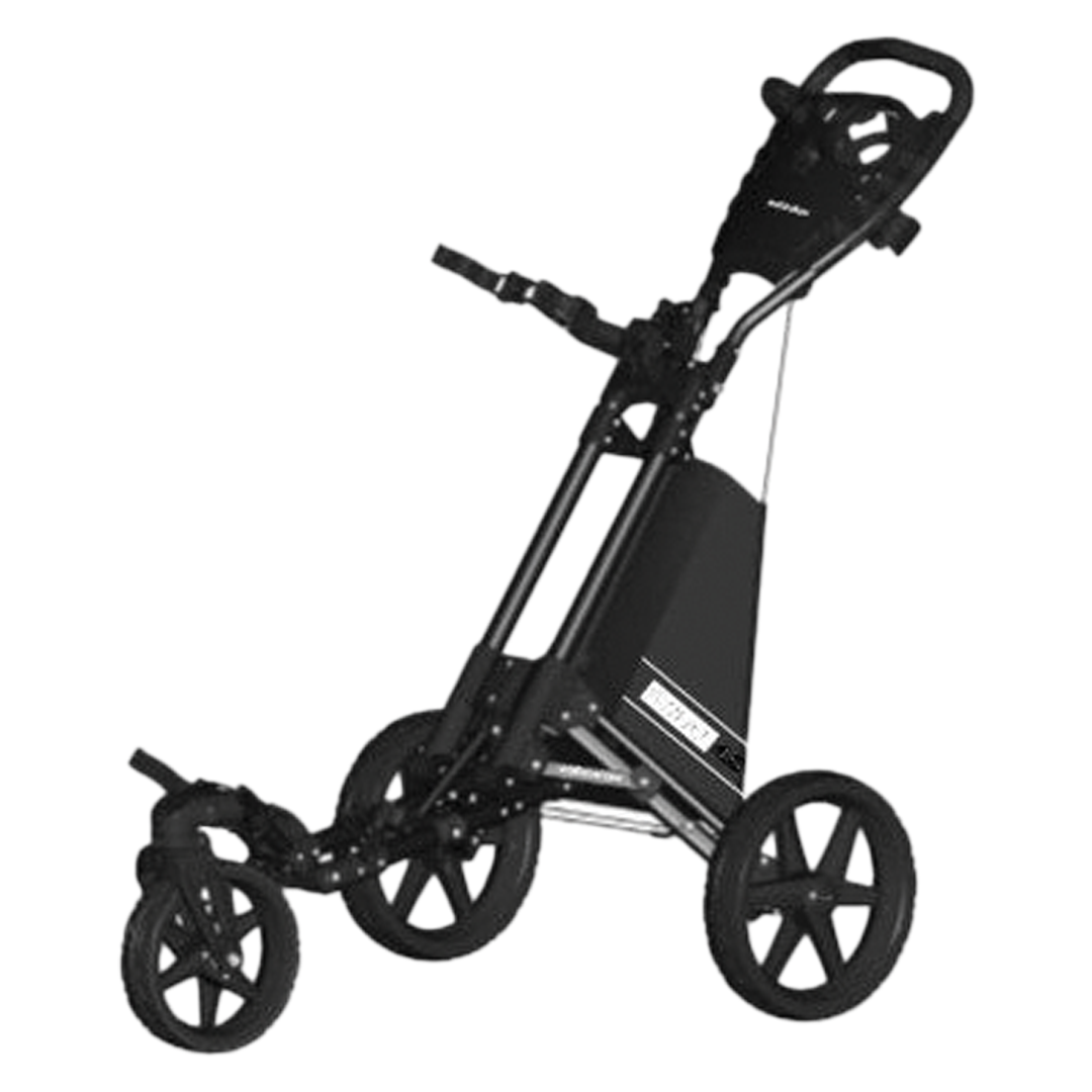 Black golf push cart on a white background