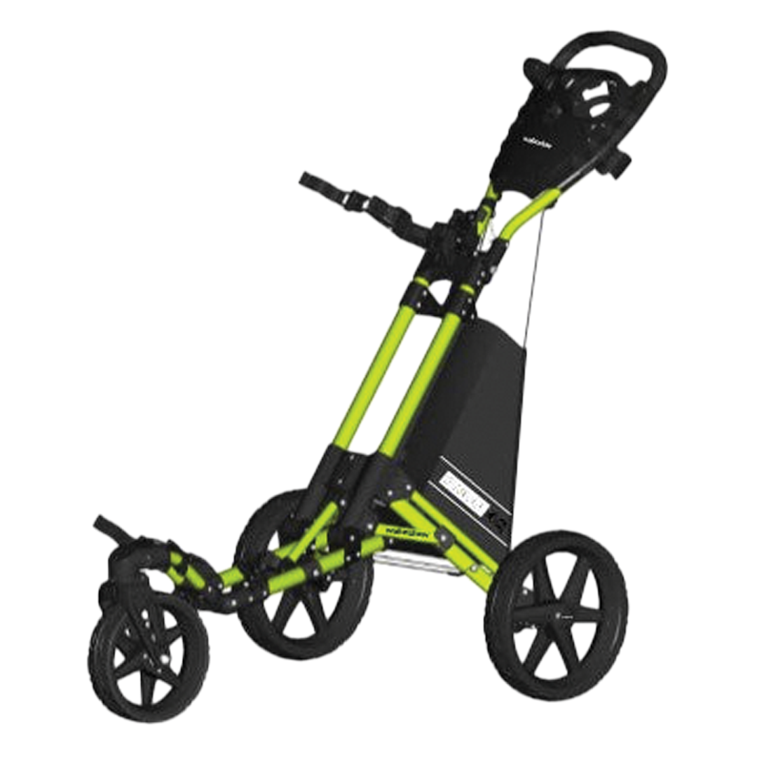 Green and black golf push cart on a white background