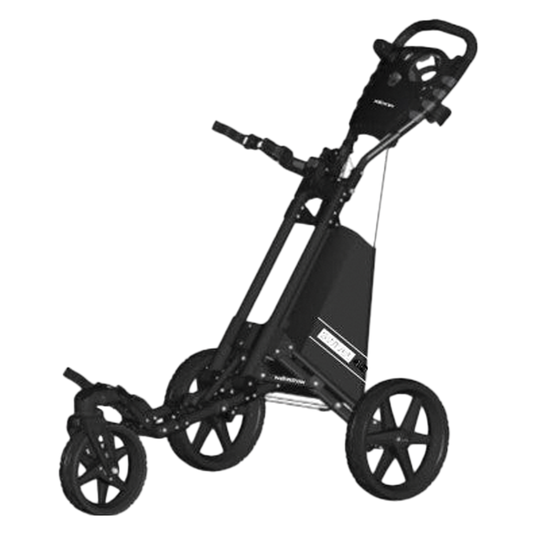 Black golf push cart on a white background
