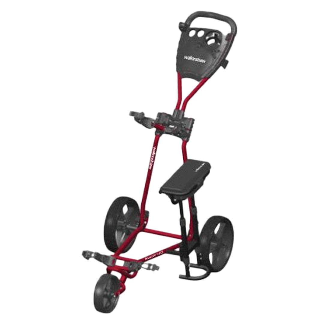 Red and black golf push cart on a white background