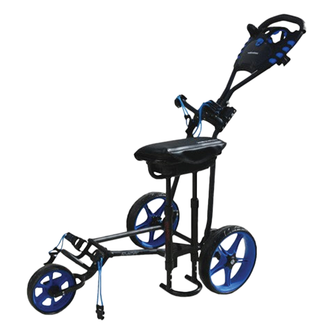 Black and blue golf push cart on a white background