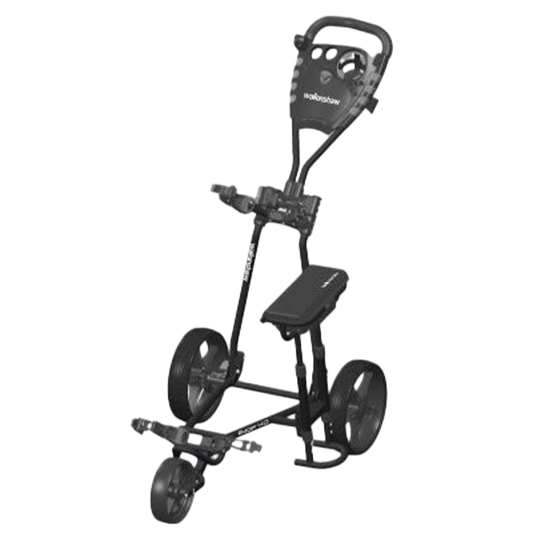 Black golf push cart with seat on a white background